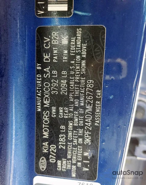 2021 Kia Forte Fe z USA, uszkodzony, nr VIN 3KPF24AD7ME267789